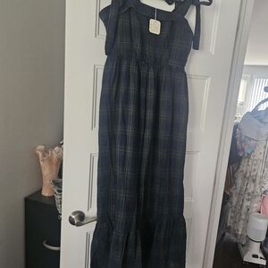 Navy Plaid Maxi Dress with Tie Straps